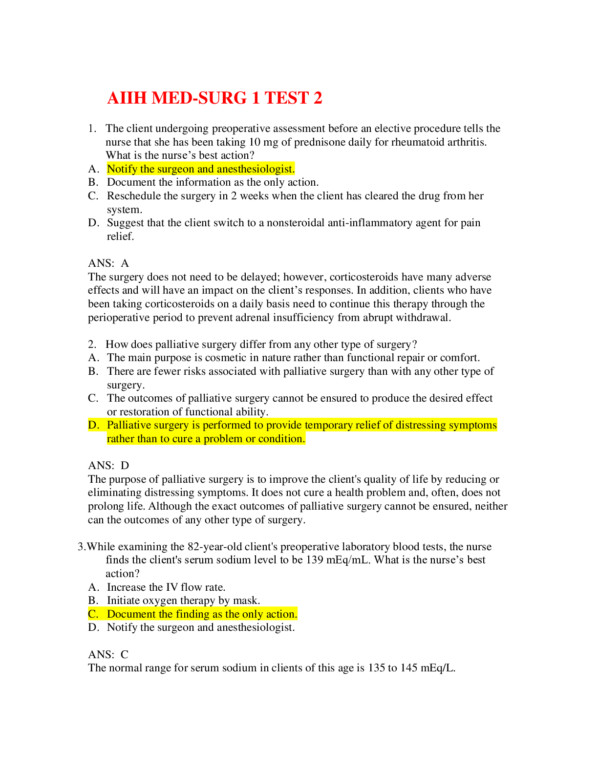 Preview image for AIIH MED SURG Test 2-Questions and Answers